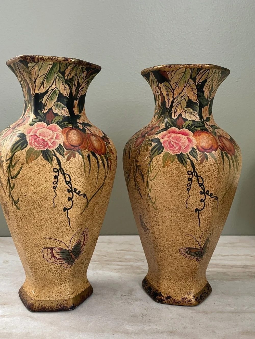 Vintage Nantucket Ceramic Vase Pair | Hand Painted Floral Butterfly
